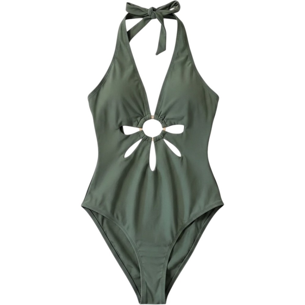 CUPSHE Olive Green Halter One Piece Swimsuit with‎ Cutout & Ring Detail